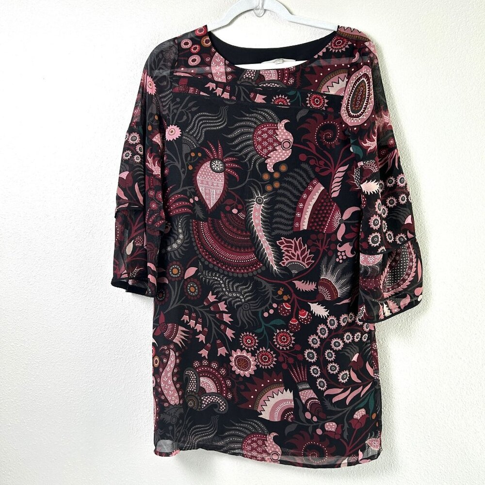 Loft Dress Womens Petite‎ S SP Pink Floral Paisley Shift Bell Sleeve Boho Lined